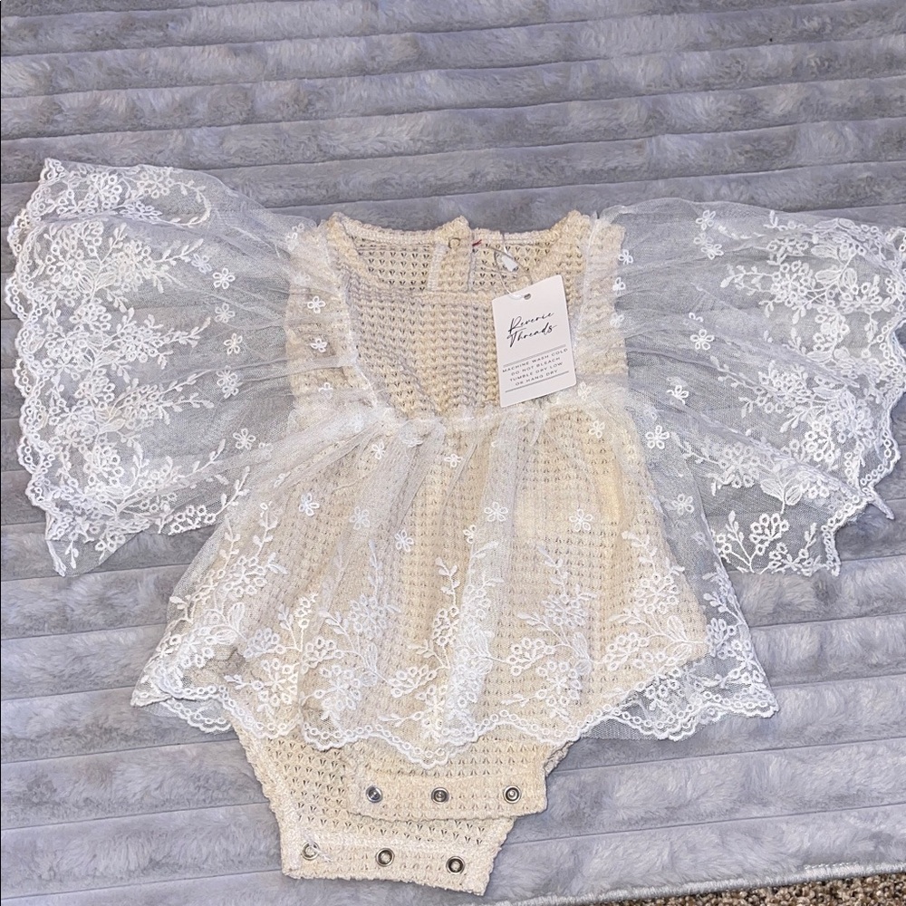 Lace Baby Romper with Floral Sleeves
